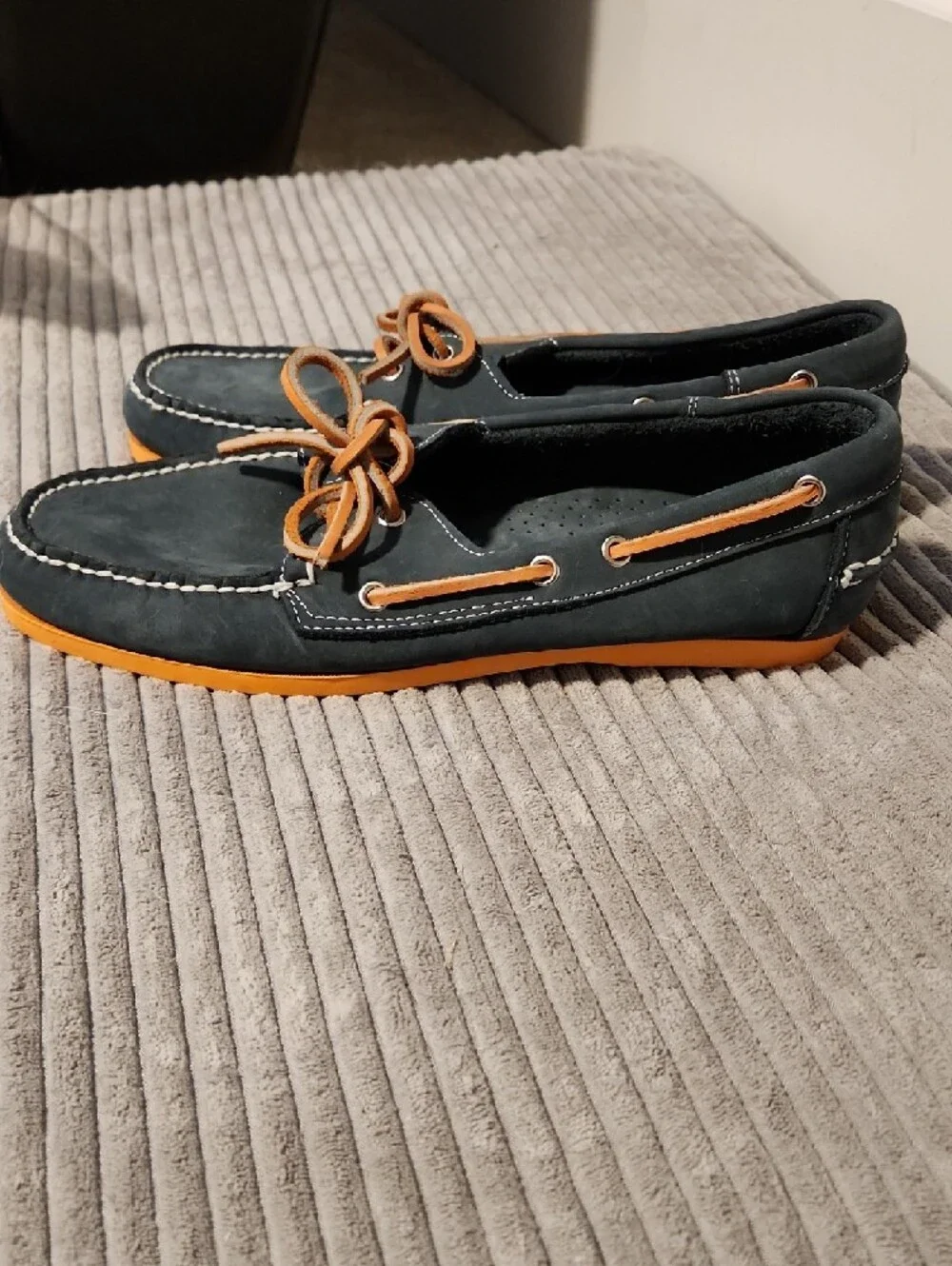 Men's Navy and Orange Boat Shoes - Classic Leather Deck Loafers
